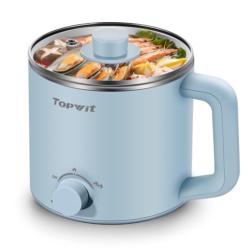 Topwit Hot Pot Electric, Electric Pot, 1.6L Ramen Cooker, Multifunctional Cooker for Pasta, Shabu-Shabu, Oatmeal, Soup and Egg with Over-Heating Protection, Boil Dry Protection, Blue