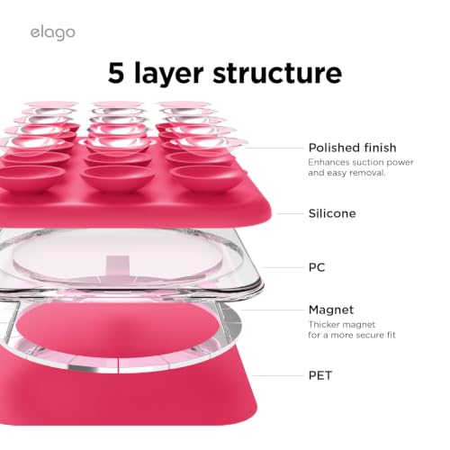 Image of elago Magnetic Suction Cup Phone Mount for iPhone, Compatible with MagSafe | Removable, Silicone, Holder, Hands-Free Selfies, Video for TikTok, Instagram Influencer, Creator, Strong Magnetism (Ice Red)