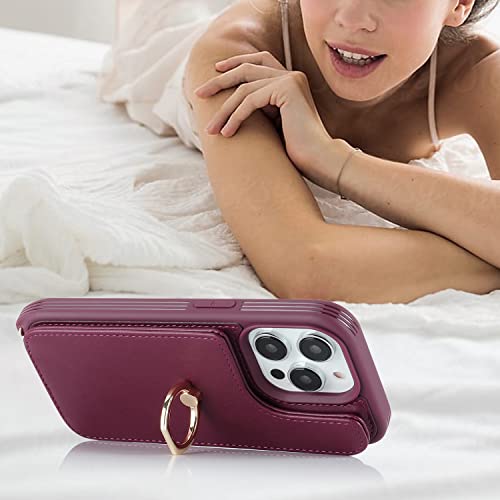 Image of for iPhone 14 Pro Case with Card Holder for Women,Phone Case with Strap,Crossbody Lanyard,RFID Blocking,Ring Stand,Snap Clasp,Cute Wallet Case 6.1 inch(Wine Red)