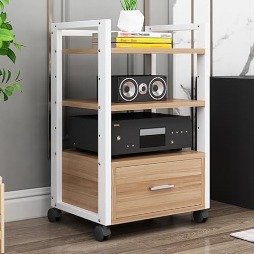 Mobile Porta TV a 4 Ripiani con Ruote - Supporto Regolabile per Giradischi, Console di Gioco, Lettore Dvd e proiettore - Elegante Design in Metallo e Legno, Centro di intrattenimento salvasp