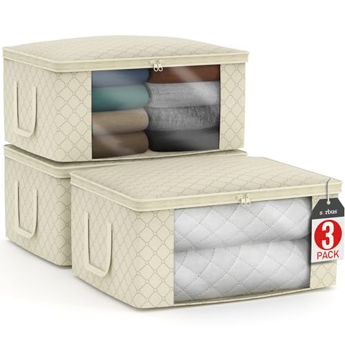 Sorbus Medium Clothes Storage Bags - Foldable Blanket Storage Bins for Organizing Bedroom, Closet, Clothing, Comforter, Organization with Clear Window, Lids and Carry Handles - Set of 3 by SORBUS - Used condition - CA$81.59