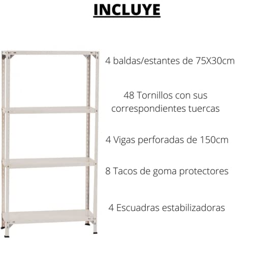 Pack 2 estanterías modulares, Fabricadas en Acero Color Blanco, 4 Baldas Capacidad de Carga máxima 200kg. 150cm x 75cm x 30cm. Ideal para garajes, talleres, almacenes y decoración. Gran Capacidad