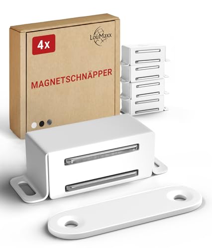 LouMaxx Magnetschnäpper stark - Haltekraft 4kg - 4er Set in Weiß – Türmagnet -Schrankmagnet – Möbelmagnete – Tuer Magnetverschluss Edelstahl– Magnethalter Schranktür