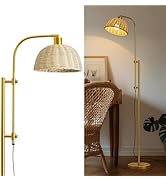 Oneach 65" Arc Floor Lamp for Living Room, Adjustable Height Gold Floor Lamps with Rattan Lampsha...