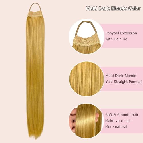 VAVANGA 28inch Long Ponytail Extension with Hair Tie, Multi Dark Blonde Yaki Straight Ponytail Thick Braiding Hair Natural Fake Pony Tails Hairpiece for Women (#15/18) — view 2