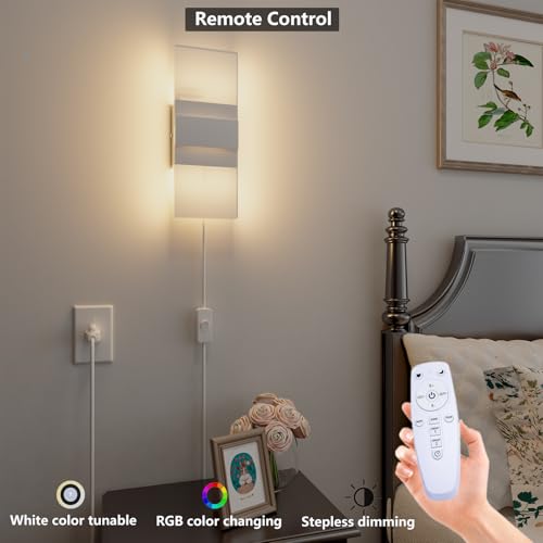 Image of LAMPAOUS Smart Wall Sconces RGB Wall Light Fixtures Alexa Enabled LED Wall Sconce Set of Two,Smart App,Remote Control Wall Mount Lamp for Bedroom Decor,Plug in & Hardwire Installation,Sliver White