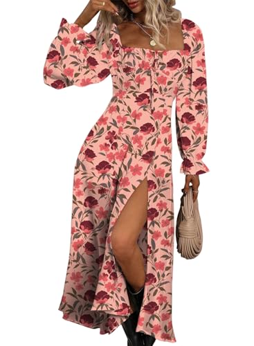 BLENCOT Womens Casual Square Neck Long Sleeve Boho Floral Midi Dress Print Side Split Dresses4