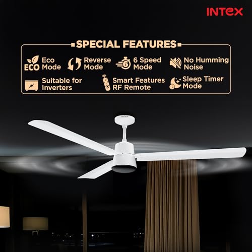 Image of Intex Dynojet 1200mm BLDC Ceiling Fan with Remote, 350 RPM High Speed, 220 CMM Air Delivery, Energy Saving Eco Mode, Timer, Silent Operation, Premium Finish Ceiling Fan (Matte White)