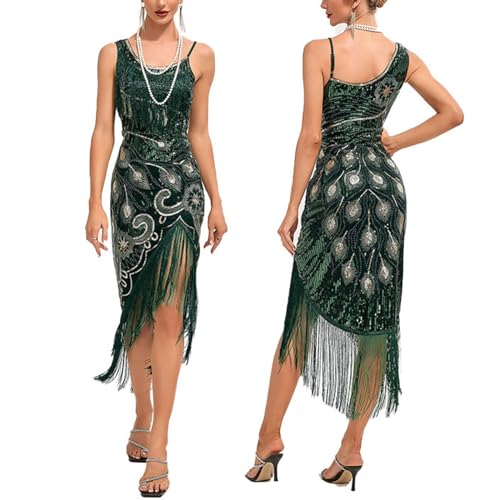 Robe de soirée années 1920 à sequins et perles avec ses accessoires rétro