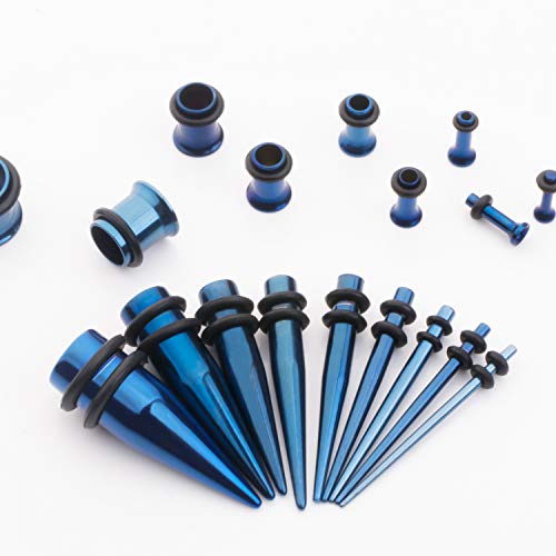 Cabbe Kallo 14G-00G 36Pcs Ear Gauges Stretching Kit Surgical Steel Tapers Tunnels Plugs Piercing Set Body Jewelry, Blue #TOP1