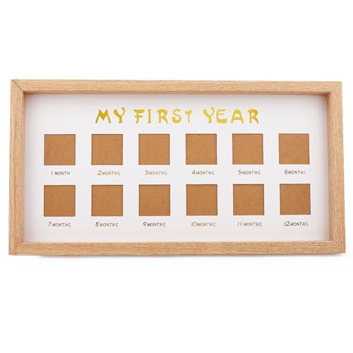 DICOSMETIC 1Pc Mein Erstes Jahr Fotobilderrahmen Ersten 12 Monate Bilderrahmen Holz Bilderrahmen Für Neugeborene 1st Geburtstag Kinderzimmer Dekor Geschenk 42x22x2.8cm