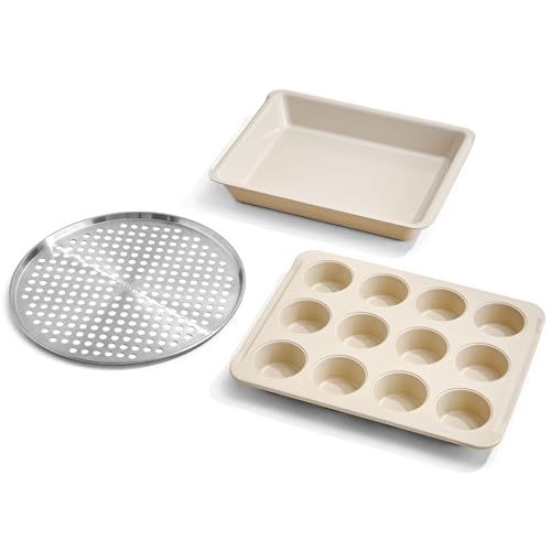 Our Place Wonder Oven Pro Chefs Kit with Roasting Pan 12-Cup Muffin Pan and Perforated Pizza Pan | Non-Toxic Nonstick Bakeware Set Oven Safe up to 450F | Cream