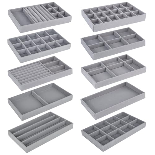 bssmmai 10 PCS Jewellery Drawer Organiser Insert, Jewellery Organiser Tray, Jewellery Tray for Rings, Earrings, Necklaces and Bracelets (Grey)