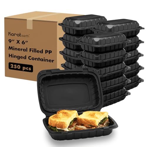 KARAT EARTH Clamshell Take Out Food Containers [9"x6" - 250 ct] To Go Containers | Microwavable, Freezer Safe, Soak-Resistant, Durable, Stackable | Vented for Hot/Cold Foods, Black