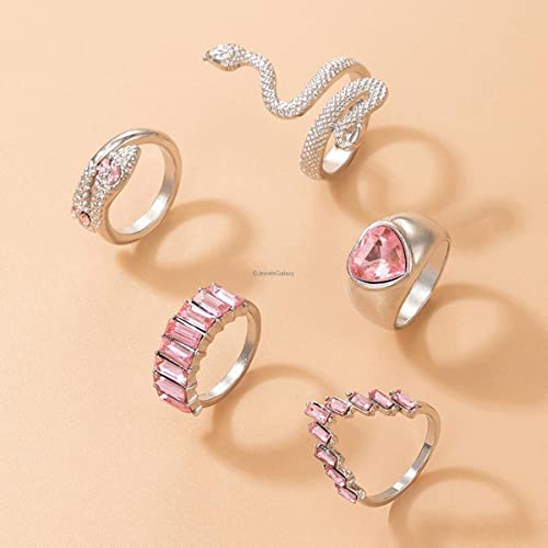 5-Piece Pink Stone Heart-Snake Stackable Rings Set