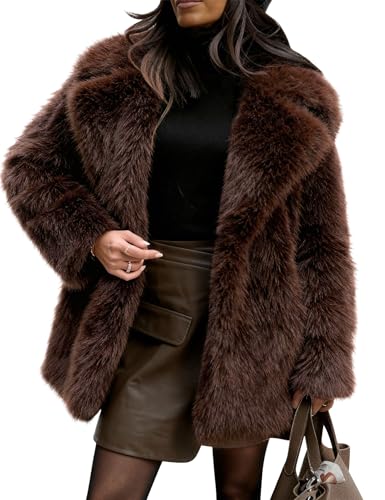 Flygo Womens Long Faux Fur Coats Fluffy Faux Fur Jacket Long Sleeve Lapel Furry Coats Fuzzy Winter Jacket(Brown-XL)