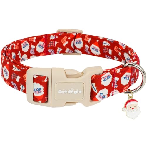 Astdogio Christmas Dog Collar for Medium Dogs, Adjustable Red Medium Dog Collars with Santa & Socks Pattern, Winter Dog Collar Cute Dog Christmas Collar Festive Collar for Dogs-M