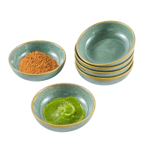 Image of All-Pie Set of 6 Ceramic Sauce Dish (3.5 inch),Small Teabag Holder Dish,Condiment Dishes,Jewelry Holder,Sushi Soy Dipping Bowl,Snack Serving Dishes, Mini Saucer Set (Round Green)