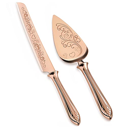 KSENDALO Wedding Cake Knife Server Set Rose Gold Stainless Steel Pie Cutter Utensils Wedding Party Celebration Home Use Cake Cutting Set(13.78inch)