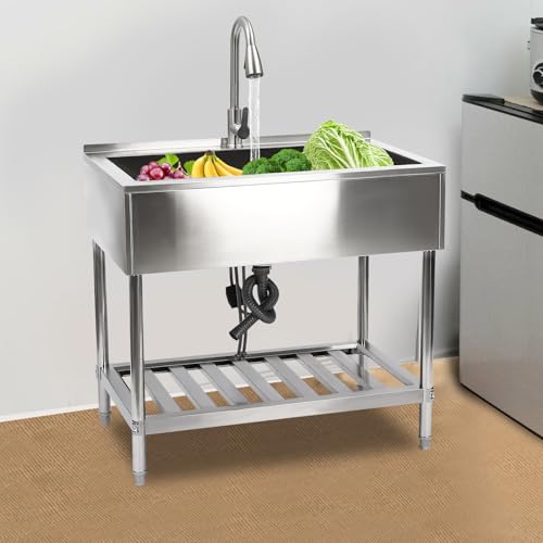 Unnsiapit Commercial Stainless Steel Sink, Single Bowl Freestanding Kitchen Utility Sink Washing Hand Basin w/Faucet & Storage Rack for Restaurant Laundry Garage, L35.8*W23.2*H34.3in, Silver