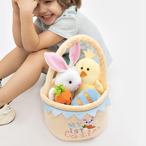 Image of My First Easter Basket Stuffed Plush Playset Baby's First Easter Basket Stuffed Cartoon Bunny Easter Egg Plush Basket for Kids 5pcs (Yellwo)