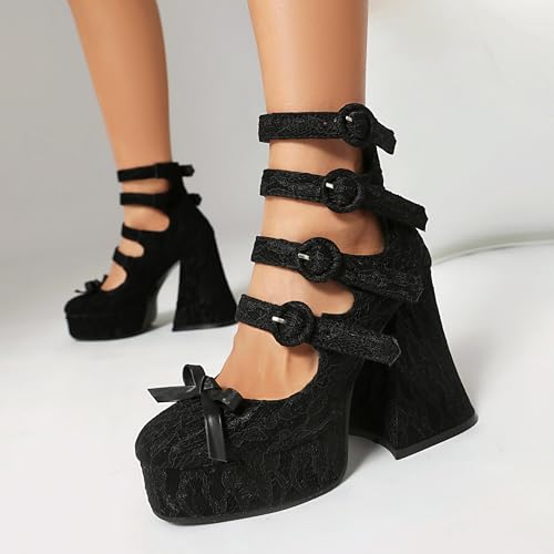 Shinelly Women's Gothic Platform Mary Jane Heels Lace Flower Punk Buckle Closed Toe Prom Costume Goth Pumps Ankle Strap Vintage Sweet Platform High Heels Shoes2