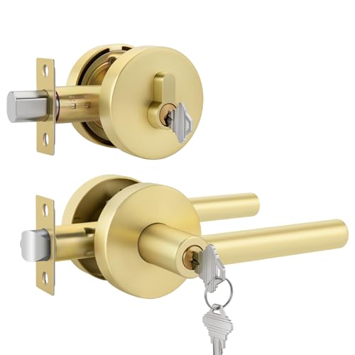 Goldenwarm Gold Exterior Door Lock Set with Deadbolt, Zinc Alloy Keyed Alike Entry Door Locksets with Deadbolt, Heavy Duty Exterior Door Handle (Brushed Gold,1 Pack)