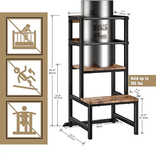 Image of INNOD Kitchen Step Stool for Toddlers, Height Adjustable Toddler Tower with Safety Rail, Steel and Wood Toddler Kitchen Stool Helper Kids, Stool for Kids, Learning Tower, Kids' Desk Brown