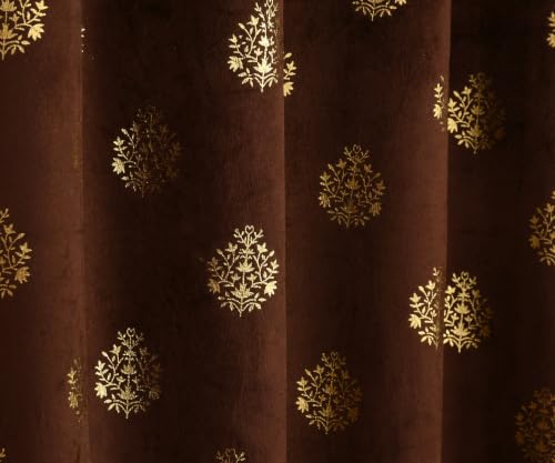 Image of KALIYO Brown Velvet Room Darkening Curtain with Gold Foil Floral Print | Eyelet Window Curtain | Soft Luxury Fabric | 7 Ft | Pack of 2