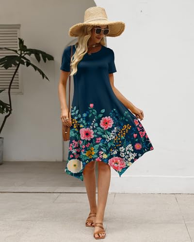 Image of COSSEN Women's 2026 Summer Midi Dress Crew Neck Short Sleeve Casual Tshirt Flowy Loose Sundress with Pockets