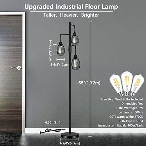 LTBLIGHT 68 Inch Industrial Floor Lamp with 3 Dimmable Edison Bulbs Black - image 3