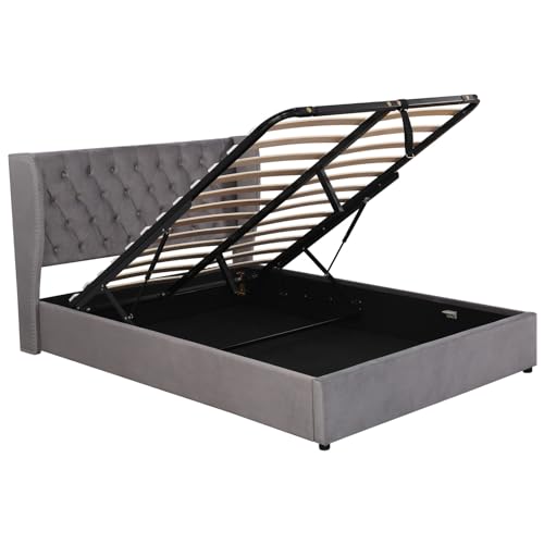 KOMHTOM Bett mit Stauraum, gepolstertes Doppelbett mit Kopfteil, für Erwachsene mit Lattenrost, Bettgestell (ohne Matratze) (Grau, 140 x 200 cm), SS28985960AAH – Bild 6