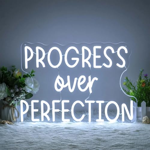 Image of Progress Over Perfection Neon Sign Dimmable Classroom Positive Led Light Up Sign Inspirational Letters Neon Light for Classroom Bedroom Library Study Room