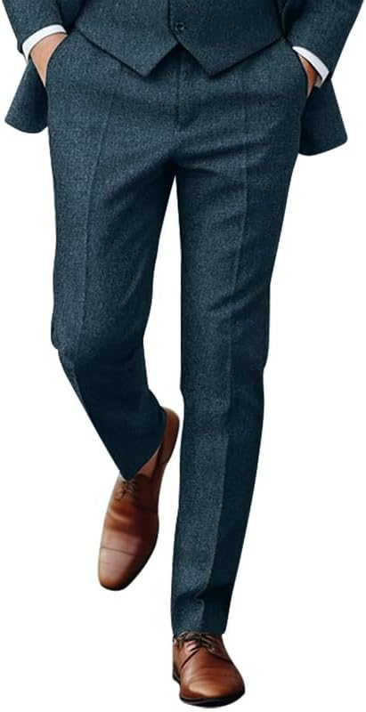 Men Retro Tweed Suit Set 3 Piece Slim Fit Groom Tuxedos Set Prom Notch Lapel Jacket Vest Pants Set