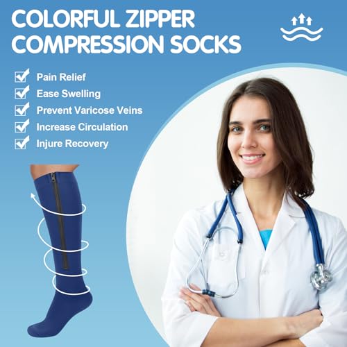 Image of Tarpop 4 Pairs Men Zipper Compression Socks Colorful 20-30mmhg Compression Stockings with Zipper for Men Women Swelling Edema