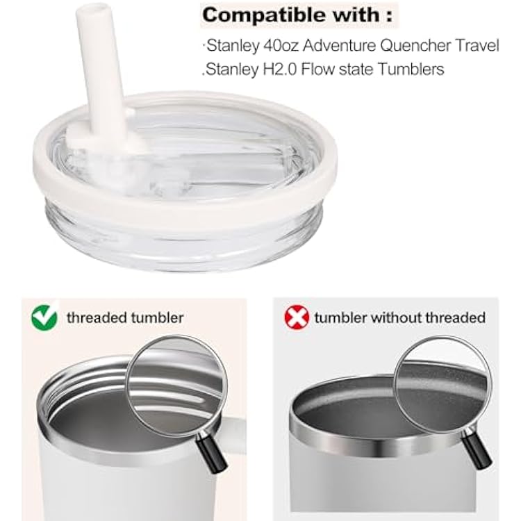 2 Pack 40 oz Tumbler Flip Straw Leak Proof Lid Replacement Fit for Stanley Quencher,40 oz Tumbler Lid Replacement for Stanley Cup,No Spill Proof Straw Cover for Stanley Cup Accessories (Cream White)