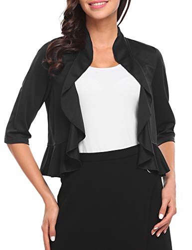 Women's 3/4 Sleeve Cropped Bolero Shrug Open Front Cardigan (Black, X-Large) #TOP3