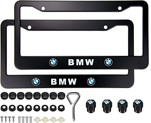 Black License Plate Frames For Bmw, 2Pcs Car License Plate Bracket Holder, Premium Aluminum Alloy Weather Proof License Plate Covers With Screw Caps Cover Set Car Accessories #TOP1