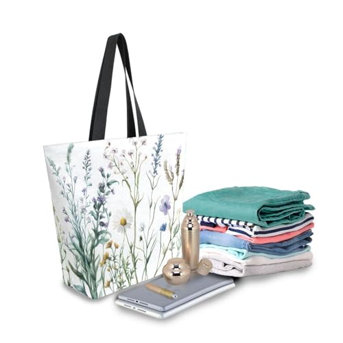 Extra Large Shoulder Tote Bag for Beach Travel Weekender Gym Watercolor Wildflowers Green Leaves Plants Reusable Grocery Canvas Shopping Bag3