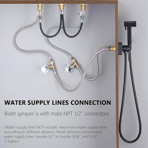 HOMYEP Brass Handheld Toilet Bidet Sprayer Attachment Cabinet Side Mount, 2-Function Through-Wall or Vanity Mount Hot and Cold Water Bidet Spray, Single Handle RV Camper Shower Valve, Matte Black - Thumbnail 5