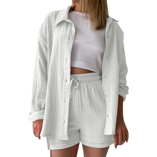 KILOXYEFRO Damen Musselin Bluse Elegant Tunics Sommer T-Shirt Kurzarm Leinen Knopf Bluse Lange Oversized T-Shirt Casual für Leggings