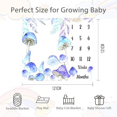 Image of Mushroom Theme Baby Monthly Milestone Blanket, Soft Flannel Watercolor Spring Tropical Eucalyptus Leaves Botanical Photography Prop Newborn Baby Shower Age Growth Tracker (Blue, 48x48in)