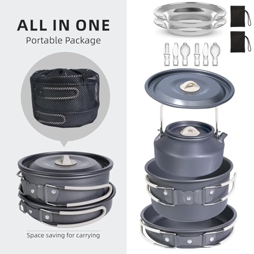 Set de Cocina para Camping Dinithron de 13 Piezas para 2 Personas con Olla de 2 L y Tetera de 1.1 L miniatura 2