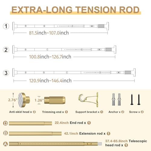 Image of Gold Tension Curtain Rod 41-146In(4-12Ft), Extra Long Outdoor Curtain Rod No Drilling for Window or Bathroom Patio, Adjustable Spring Shower Rod,Rod Diameter 1.26In-One-bond stretching
