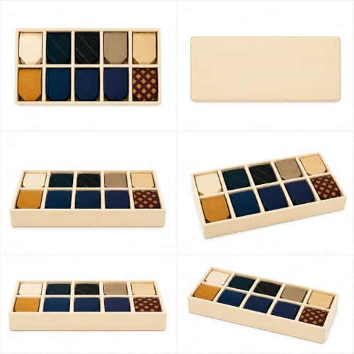 Image of 10 Slot Tie Organizer Tray for Ties and Accessories, Cream | Closet drawer storage tray with dividers for ties, pocket squares, belts, watches and small mens accessories arranged neatly
