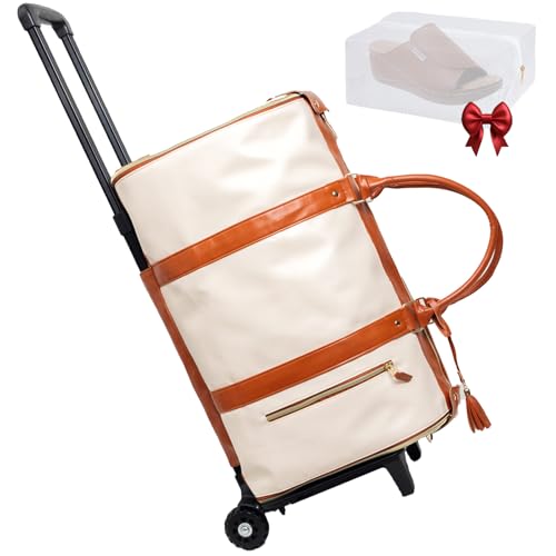 Trendfetchus Foldable Travel Bag With Wheels, PU Carry On Garment Duffle, Large Capacity Waterproof, Shoe Pouch, Toiletry Pocket (Beige, with wheels)