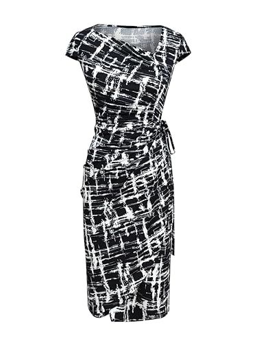 Image of Women's Vintage Cap Sleeves Asymmetrical Neckline Sheath Bodycon Casual Work Cocktail Party Pencil Faux Wrap Dresses