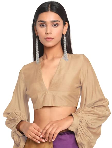 KulfiWomen's Silk Gathered Sleeve Blouse Beige (Large)