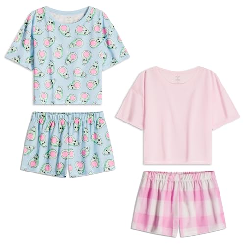 Girls Pajamas Sets- 4-Piece Cute Short Sleeve & Shorts PJ Set, Pink Girls’ Sleepwear, Kids Pajamas Sizes 5-16