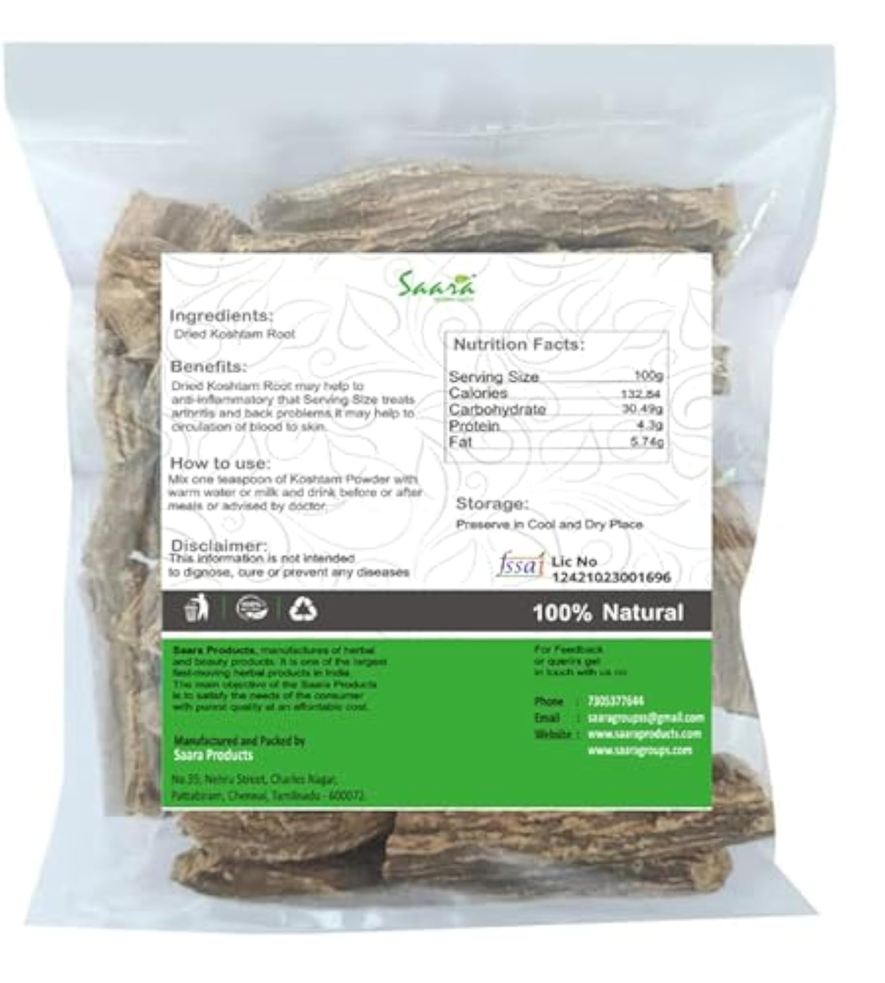 Dried Koshtam Root, 400g Pack of 4 x 100g